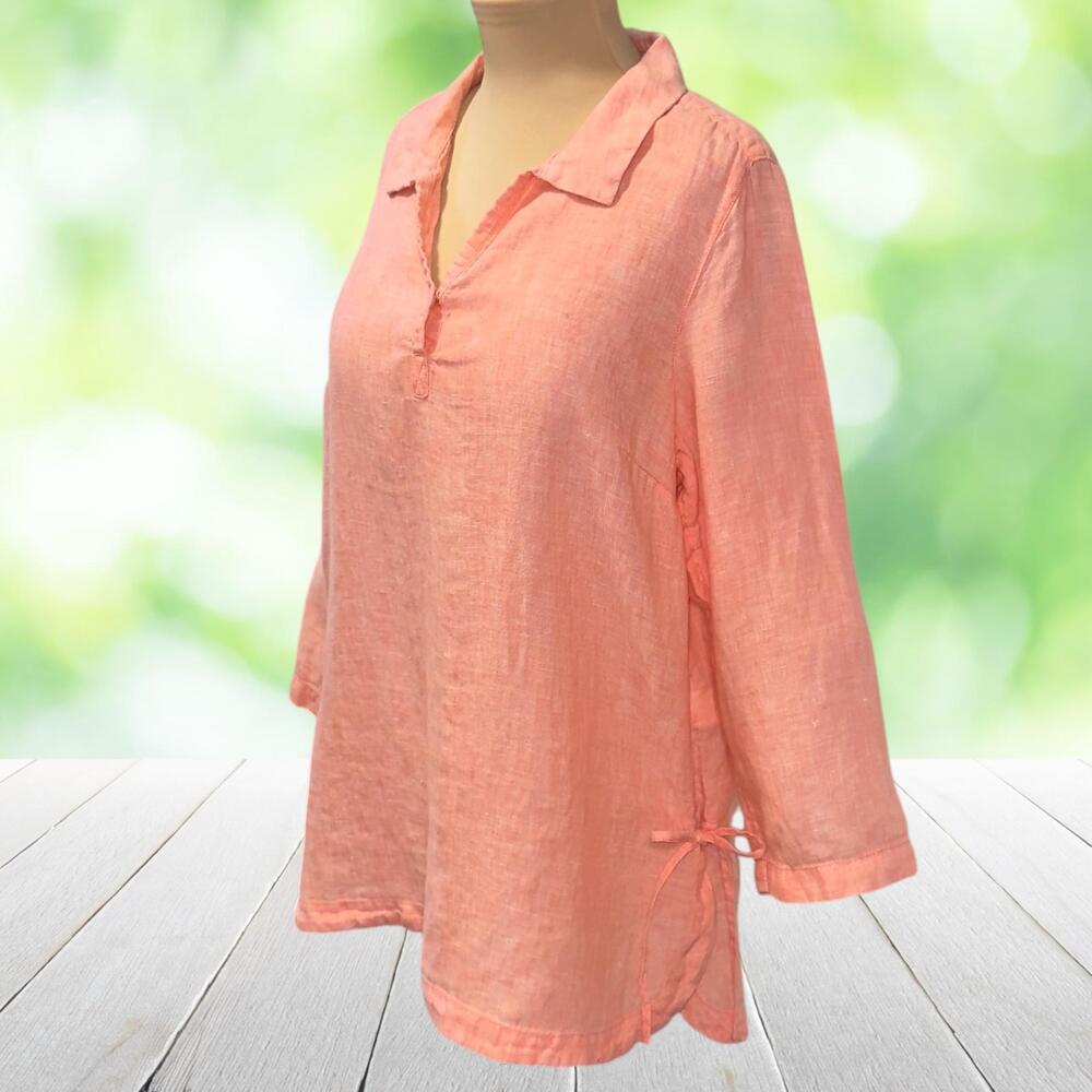 SIGRID OLSEN Linen Tunic Top Side Tie Split Hem Collared Coral Beachy Size M